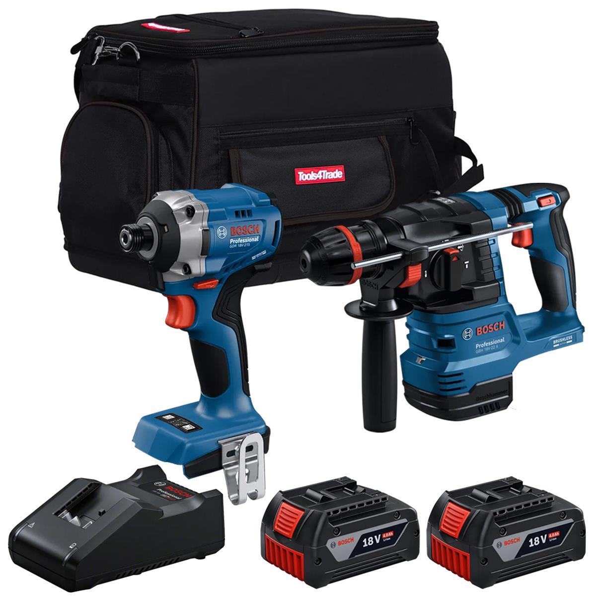 Bosch 18V Brushless Hammer Drill & Impact Driver with 2 x 4.0Ah Battery Charger & Bag T4TKIT-28115