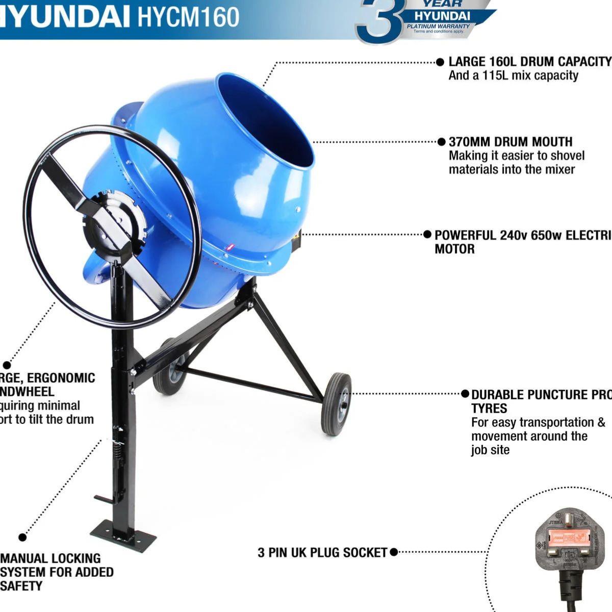 Hyundai HYCM160E 160L Portable Electric Cement Concrete Mixer 230V/650W