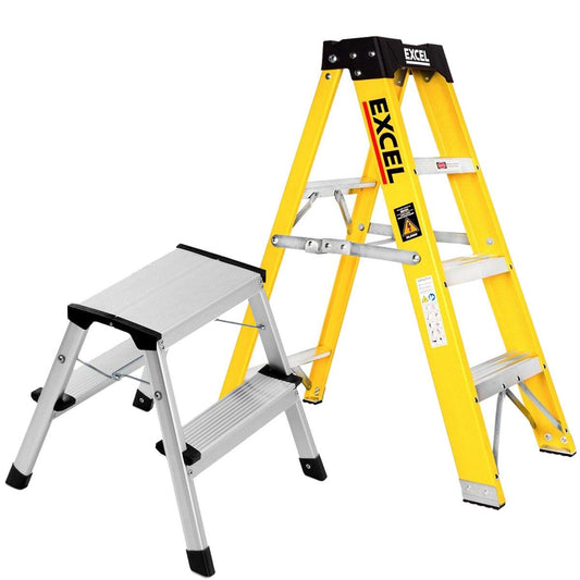 Excel Heavy Duty Fibreglass 4 Tread Ladder with 2 Step Hop Up Ladder