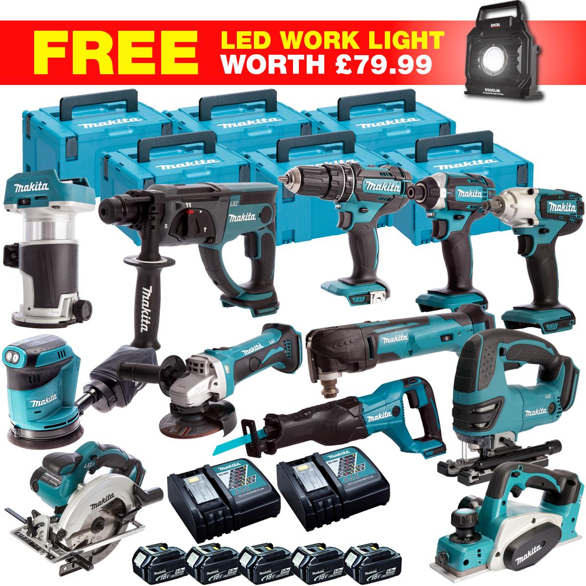 Makita 18V 13 Piece Combo Kit with 5 x 5.0Ah Batteries & Charger T4TKIT-27799