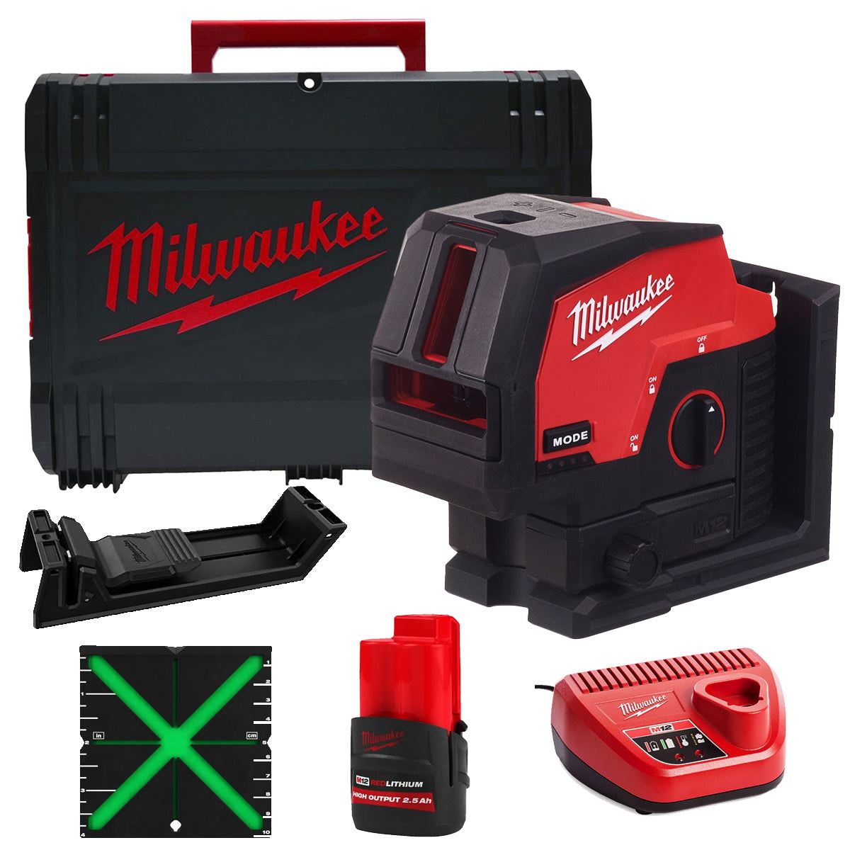 Milwaukee M12CLLP-0 12V Green Cross Line 2 Plane Laser 360° with 1 x 2.5Ah Battery Charger & Case