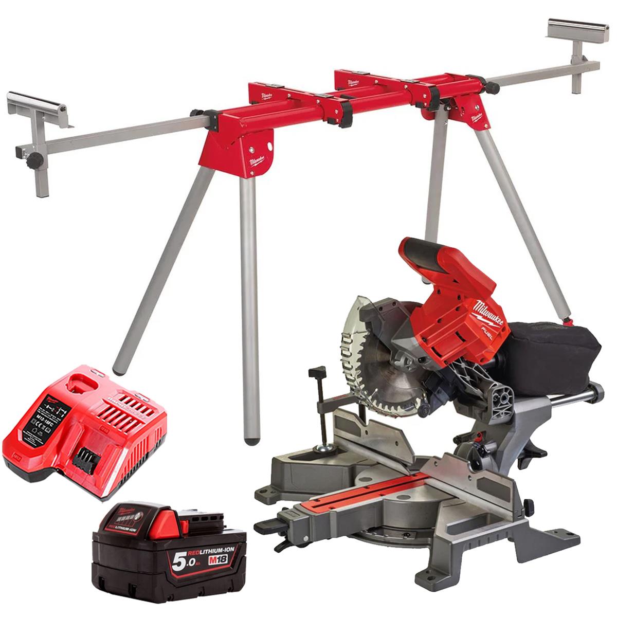 Milwaukee M18FMS190-0 18V Fuel Brushless 190mm Mitre Saw with 1 x 5.0Ah Battery Charger & Extendable Saw Stand