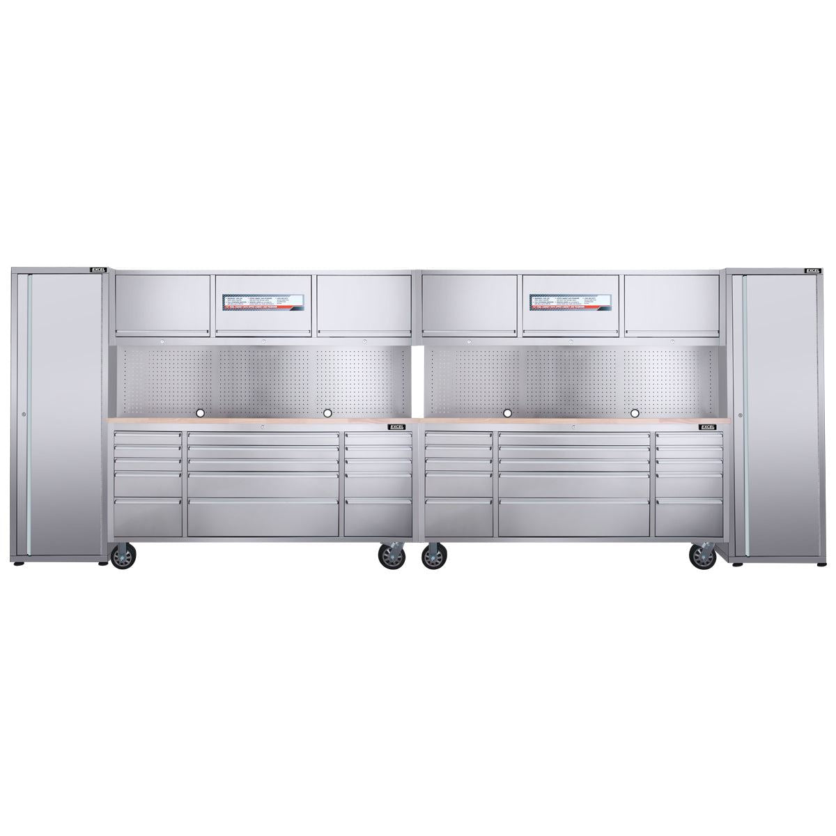 Excel 72inch 30 Drawer Stainless Steel Workbench Roller Tool Chest Cabinet with 6 Overhead Cabinets & 2 Tall Cabinet