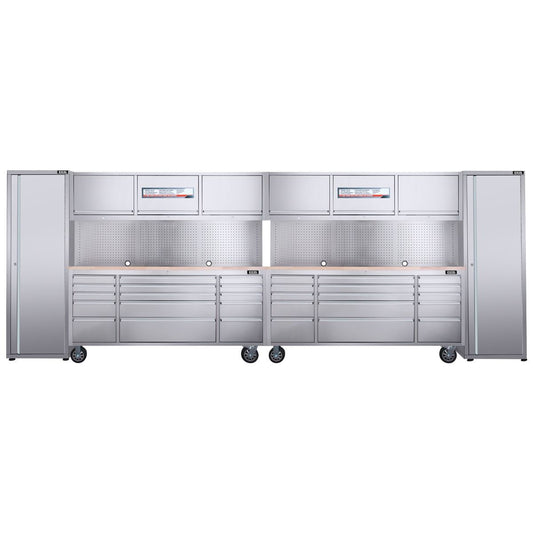 Excel 72inch 30 Drawer Stainless Steel Workbench Roller Tool Chest Cabinet with 6 Overhead Cabinets & 2 Tall Cabinet