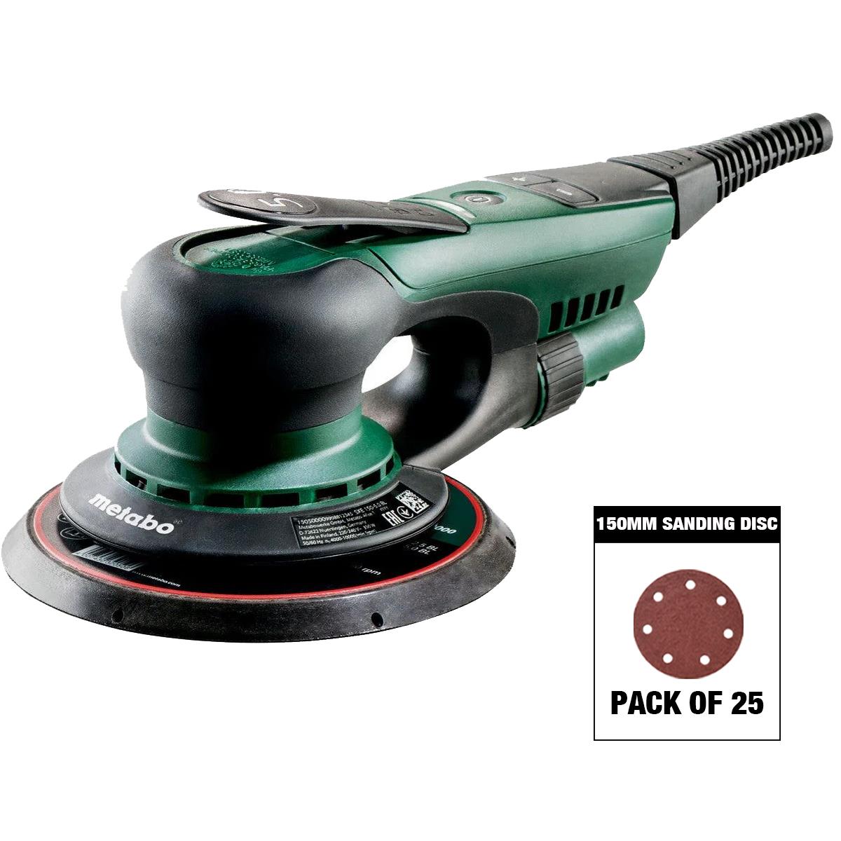 Metabo SXE 150-5.0 BL 150mm Brushless Random Orbital Sander 240V 615050380 with Sanding Disc Mix Grit Pack of 25