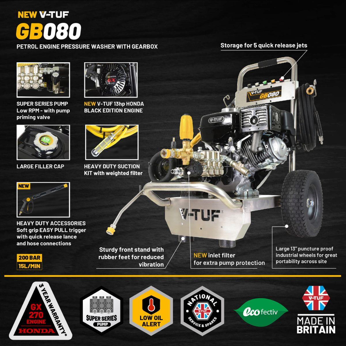 V-TUF GB080 Industrial 9HP Gearbox Driven Honda Petrol Pressure Washer 2900psi, 200Bar & 15L/min