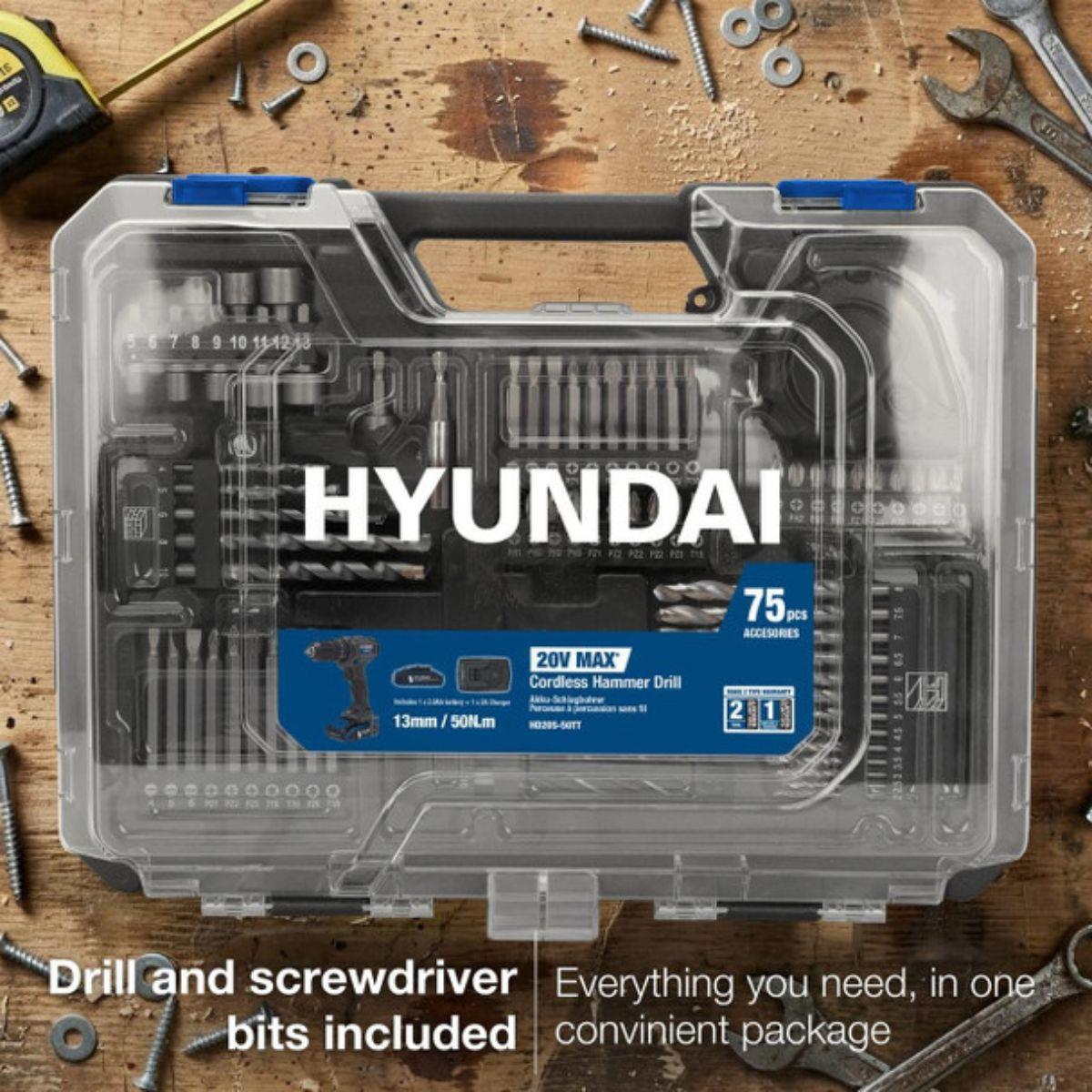 Hyundai HD20S-50TT 20V Cordless Hammer Drill  1 X 2Ah Battery and Charger With 75 Piece Accessory Kit in Carry Case