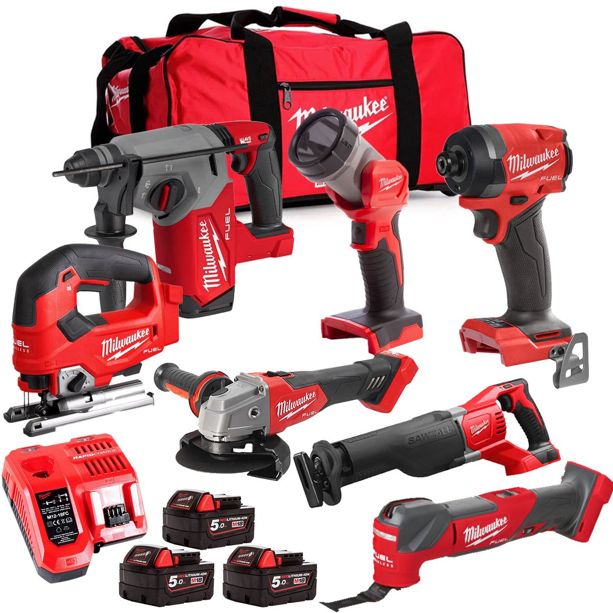 Milwaukee M18FPP6L3-503BK3 18V Brushless 7 Piece Tool Kit with 3 x 5.0Ah Batteries Charger & Wheeled Bag