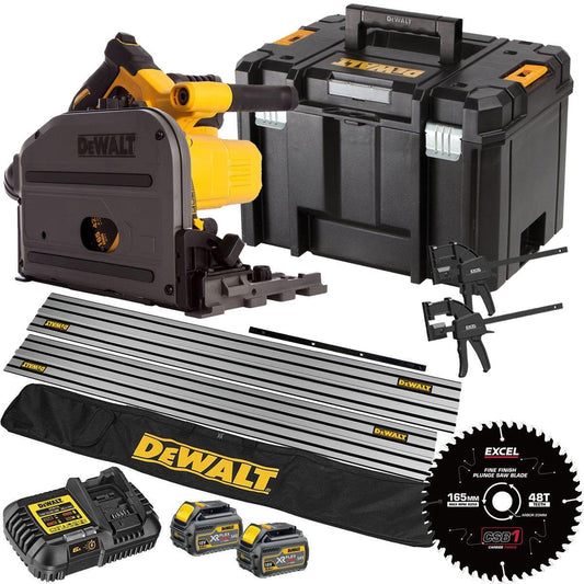 Dewalt DCS520T2 54V Flexvolt Brushless 165mm Plunge Saw 2 x 6.0Ah Battery Charger Case, Accessories with Blade