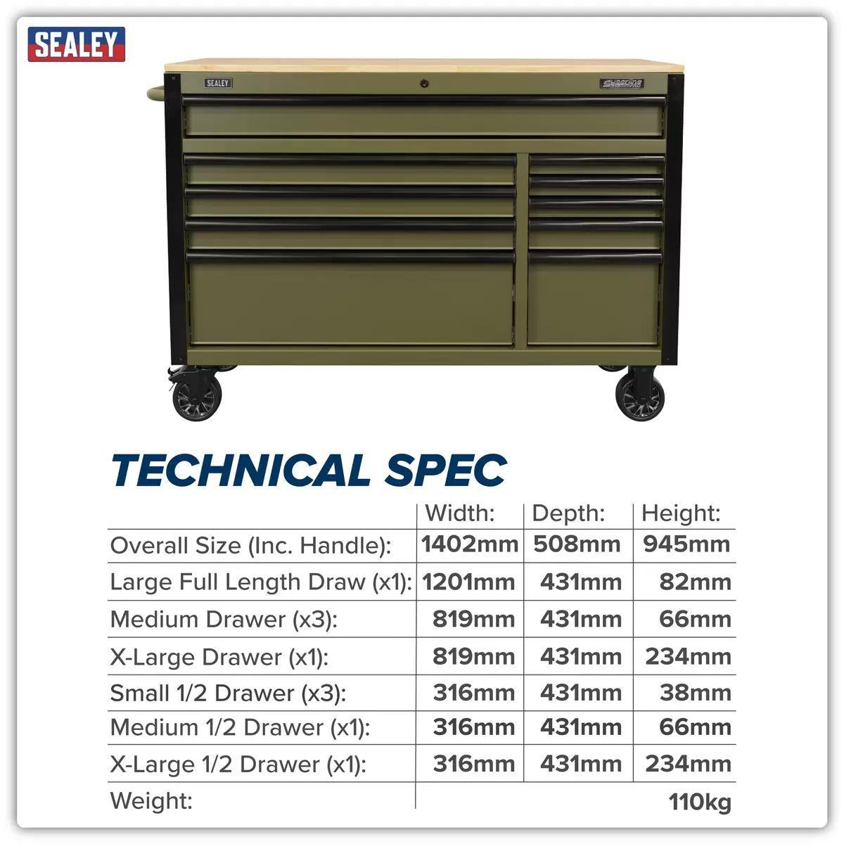 Sealey AP5210KBE Superline PRO Mobile Trolley with Wooden Worktop & Power Bar 10 Drawer 1320mm