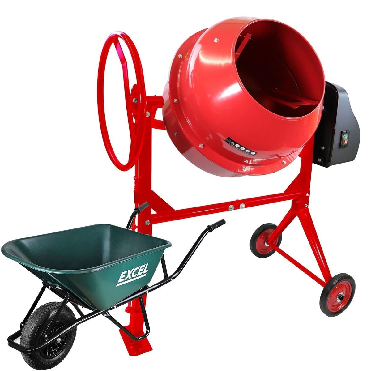 Excel 180L Portable Cement Concrete Mixer 240V/800W with Wheels & 100L Wheelbarrow Green HDPE Tray