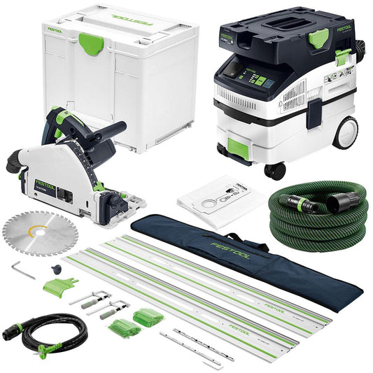 Festool TS 55 FEBQ-Plus 230V GB 160mm Plunge-Cut Saw - 576706 With Guide Rail Kit Set 577932 & Dust Extractor 578321