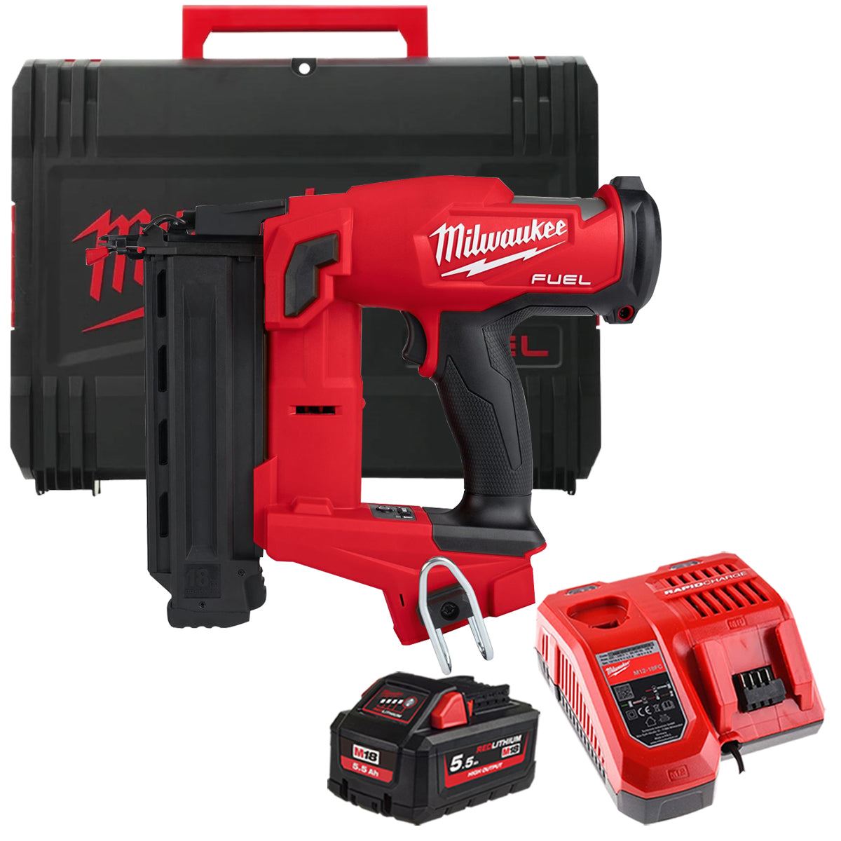 Milwaukee M18FN16GS-0X 18V Fuel Brushless 16G Straight Finish Nailer with 1 x 5.5Ah Battery Charger & Case