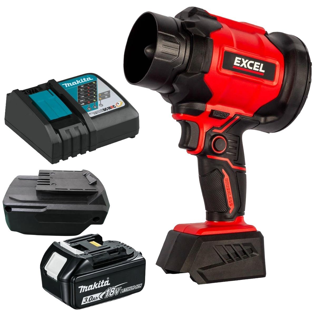 Excel 18V Brushless Storm Blower with Makita 1 x 3.0Ah Battery, Charger & Adaptor