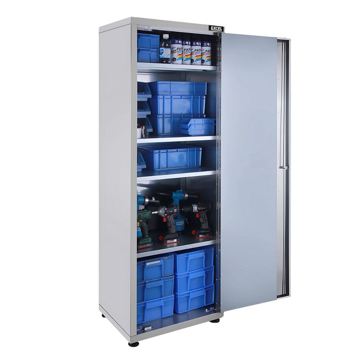 Excel 72inch 30 Drawer Stainless Steel Workbench Roller Tool Chest Cabinet with 6 Overhead Cabinets & 2 Tall Cabinet