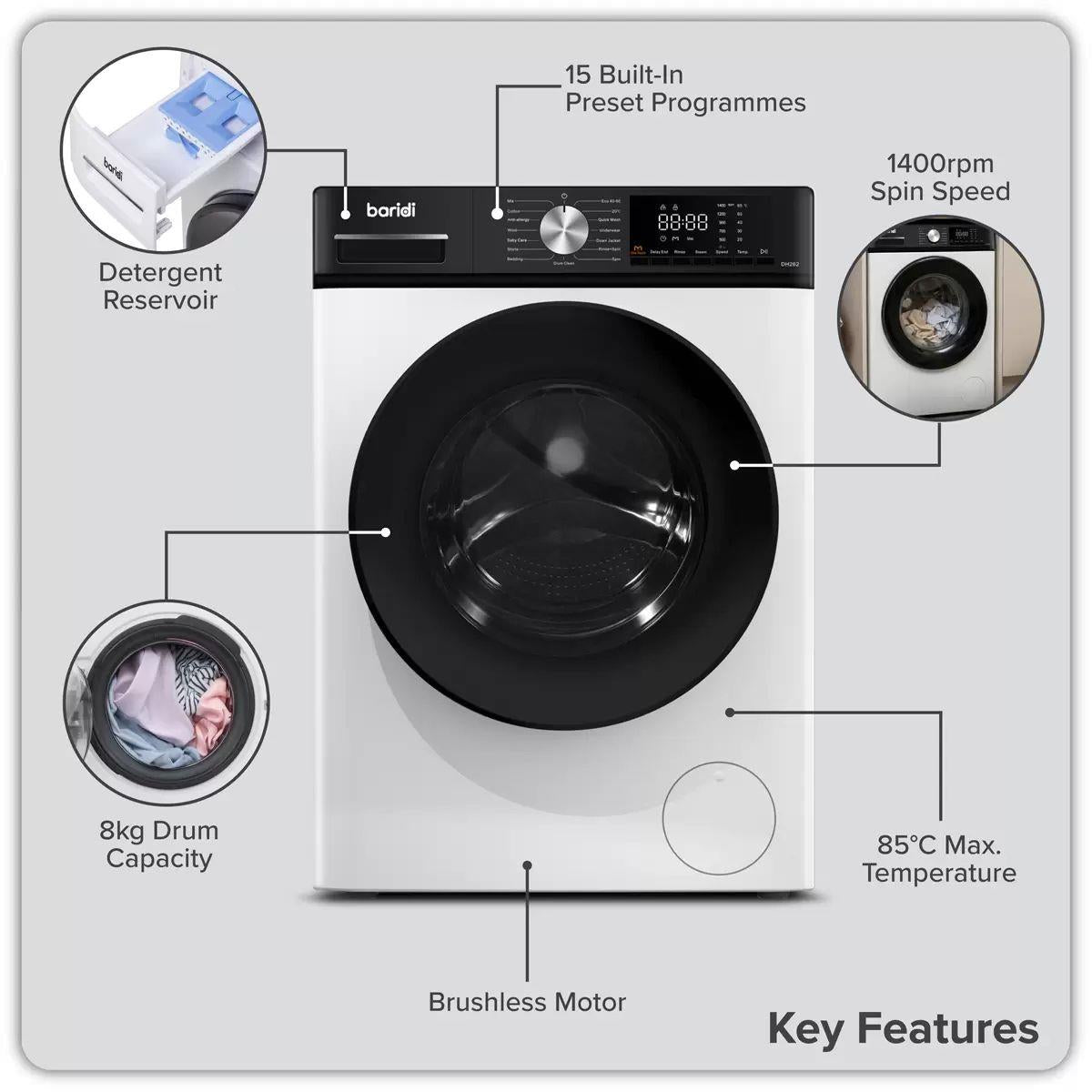 Sealey DH262 8kg Washing Machine, Front Loading 1400rpm White 240V