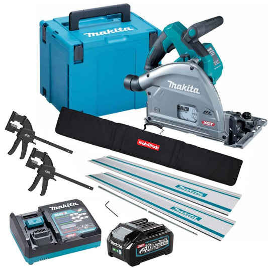 Makita SP001GZ03KIT4 40V Brushless Plunge Saw with 2 x Guide Rail, Connector, Clamp Set & 1 x 4.0Ah Battery Charger