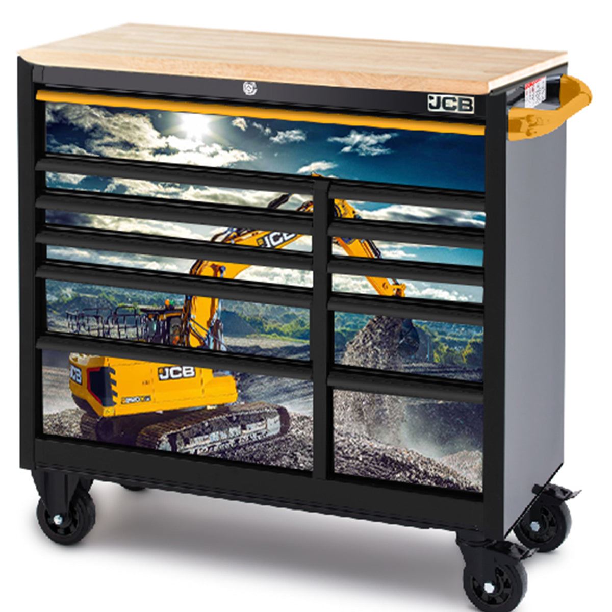 JCB 42’’ Roller Tool Cabinet, 11 Drawers, Steel with Hardwood Worktop and Excavator Wrap JCBEXCRCBB