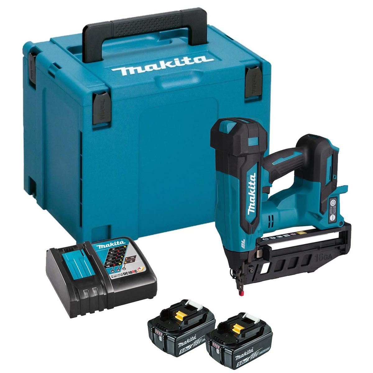 Makita DBN601RTJ 18V LXT 16G Brushless Finishing Nailer With 2 x 5.0Ah Battery, Charger & Case