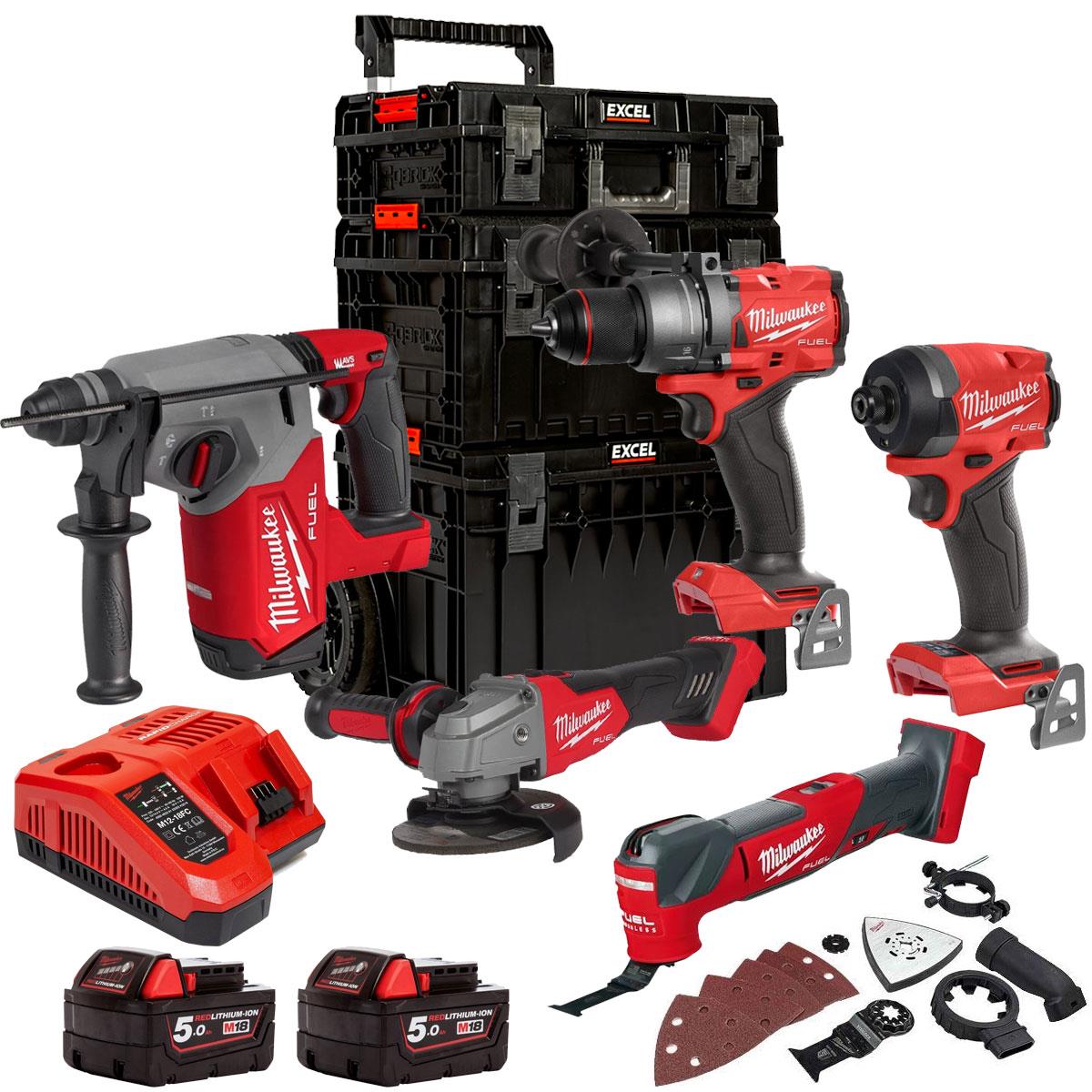 Milwaukee M18FPP4T3-552EB 18V Brushless 5 Piece Tool Kit with 2 x 5.0Ah Battery, Charger & 3 Piece Modular Tool Box