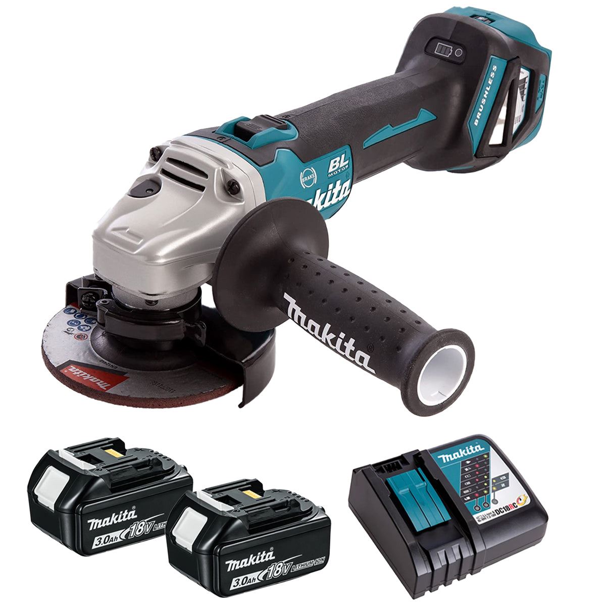 Makita DGA463Z 18V Brushless 115mm Angle Grinder with 2 x 3.0Ah Battery & Charger