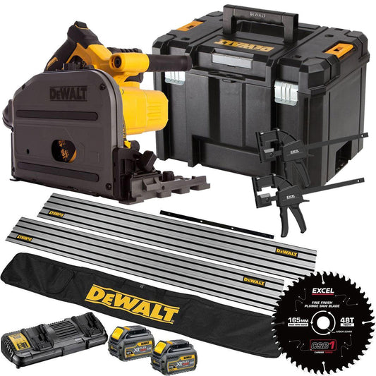 Dewalt DCS520T2 54V Flexvolt Brushless 165mm Plunge Saw 2 x 6.0Ah Battery Dual Port Charger Case, Accessories with Blade