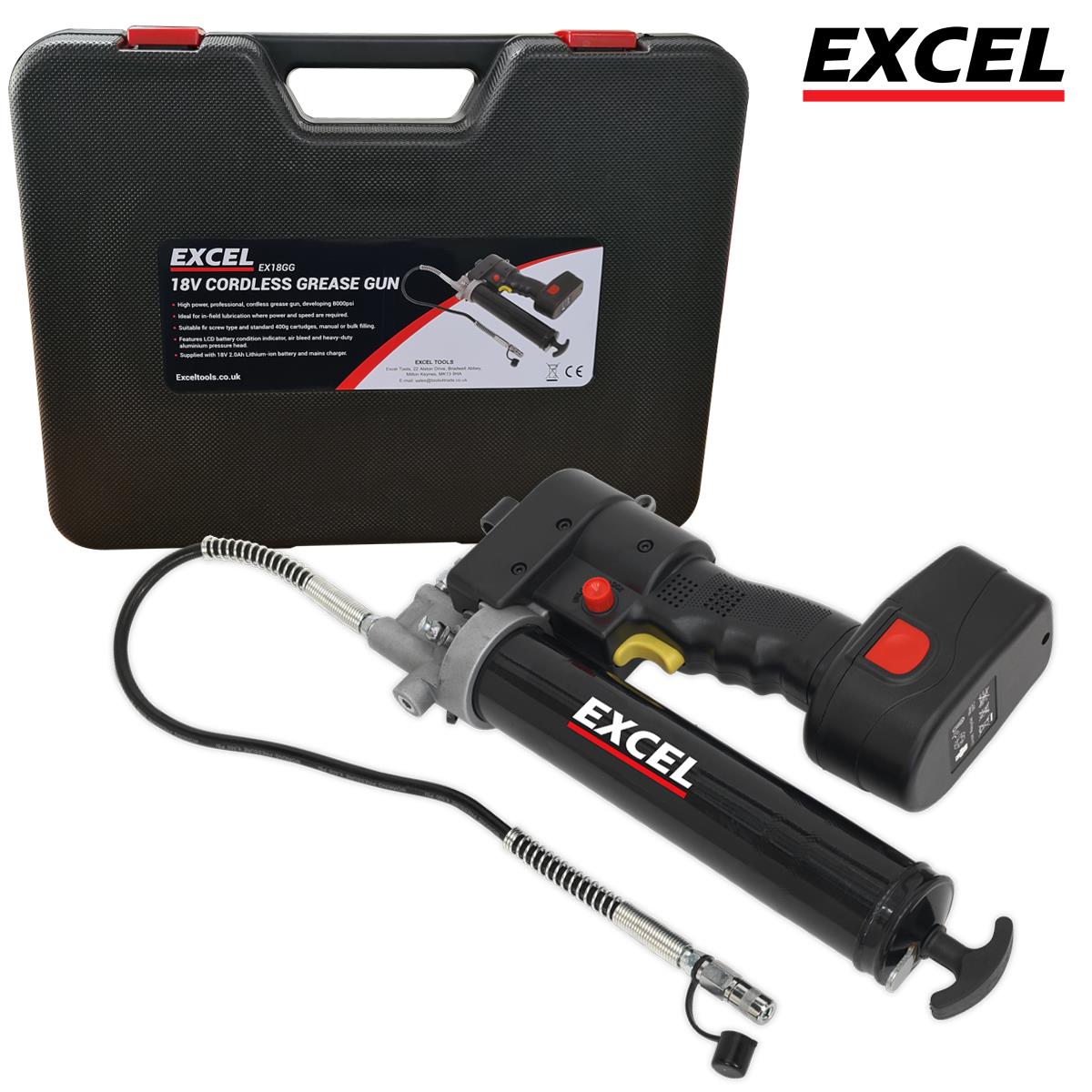 Excel 18V Cordless Li-ion Grease Gun with 1 x 2.0Ah Battery