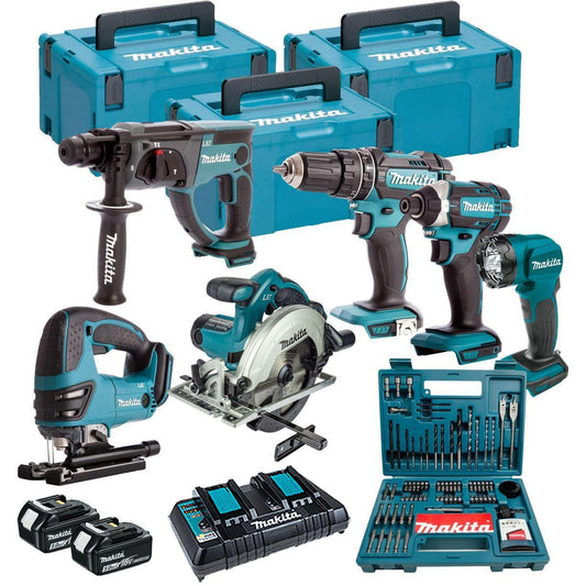 Makita 18V 6 Piece Power Tool Kit with 2 x 5.0Ah Battery Charger & 100 Piece Bit Set T4TKIT-16455