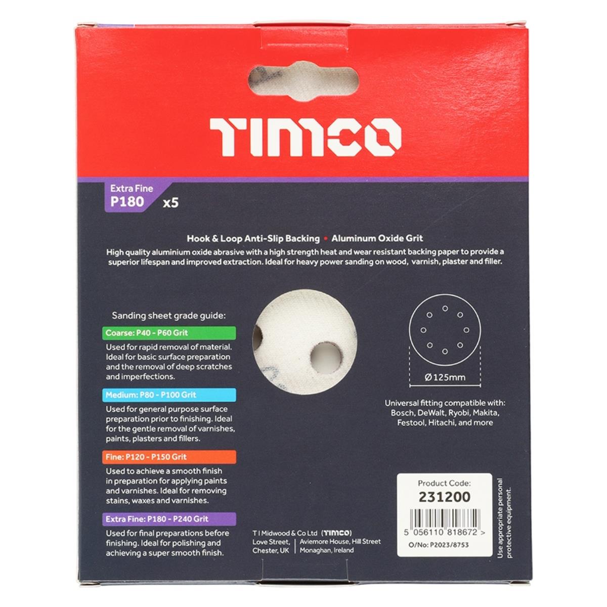 Timco 125mm Hook & Loop Random Orbital Sanding Discs 180 Grit Pack of 5 - 231200