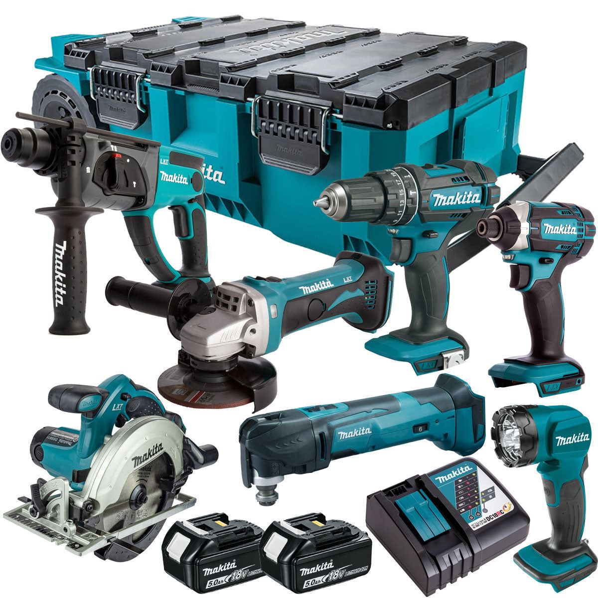 Makita 18V 7 Piece Combo Kit with 2 x 5.0Ah Batteries & MAKTRAK Trolley Toolbox