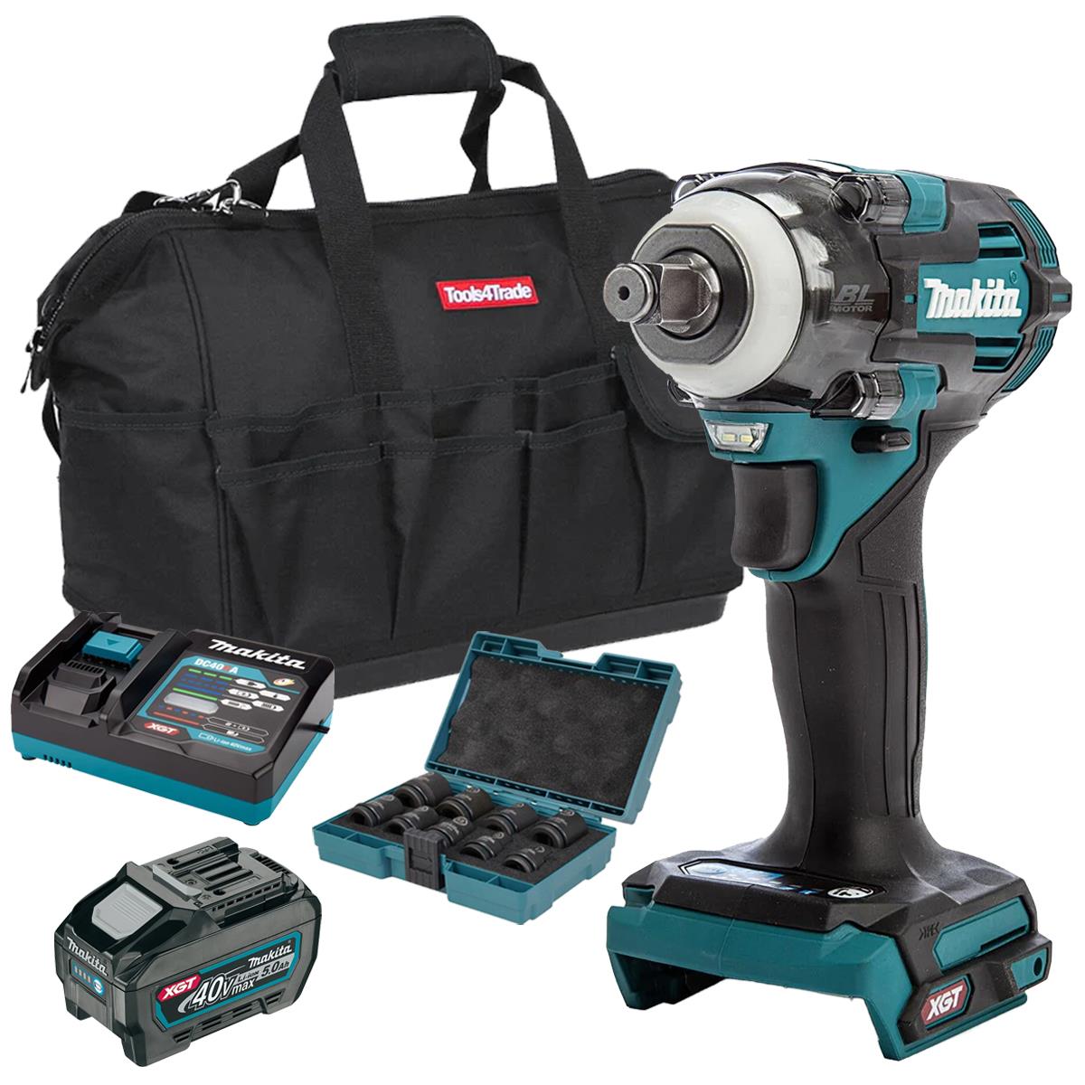 Makita TW004GZ 40V Brushless Impact Wrench With 1 x 5.0Ah Battery Charger & 9 Piece Socket Set