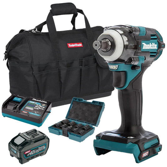Makita TW004GZ 40V Brushless Impact Wrench With 1 x 5.0Ah Battery Charger & 9 Piece Socket Set