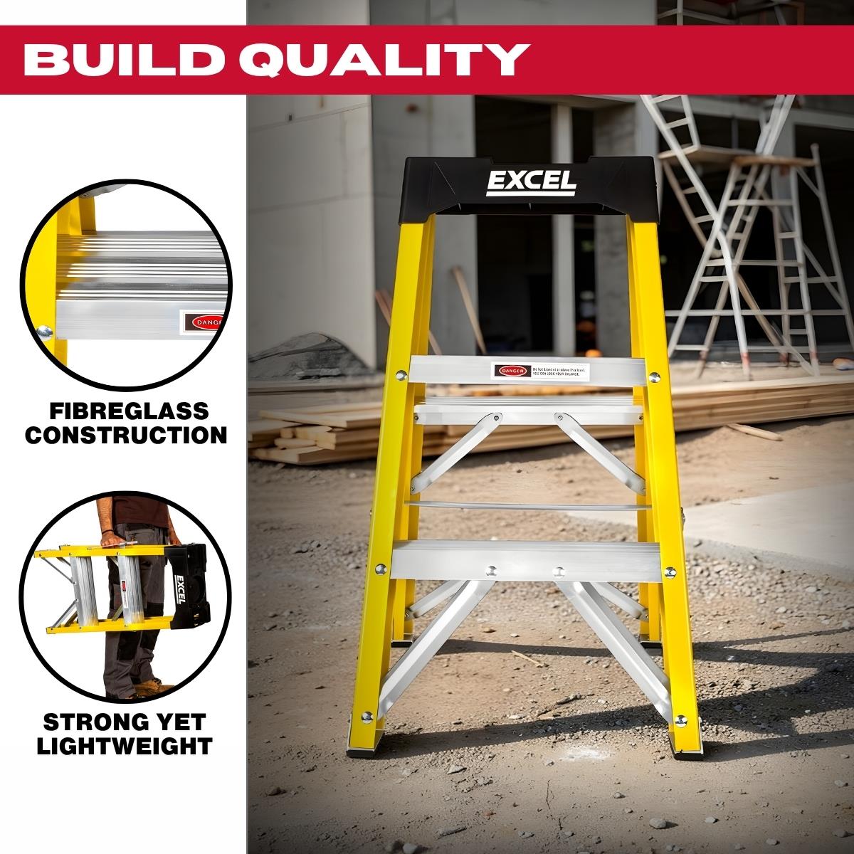 Excel Electricians Fibreglass Step Ladder 3 Tread 0.72m Heavy Duty