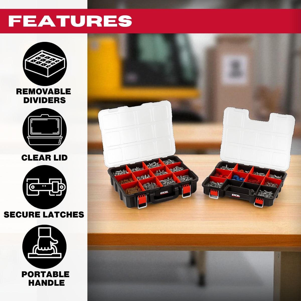 Excel 2-in-1 Tool Organiser Case, Portable Storage with Custom Dividers & Clear Lid
