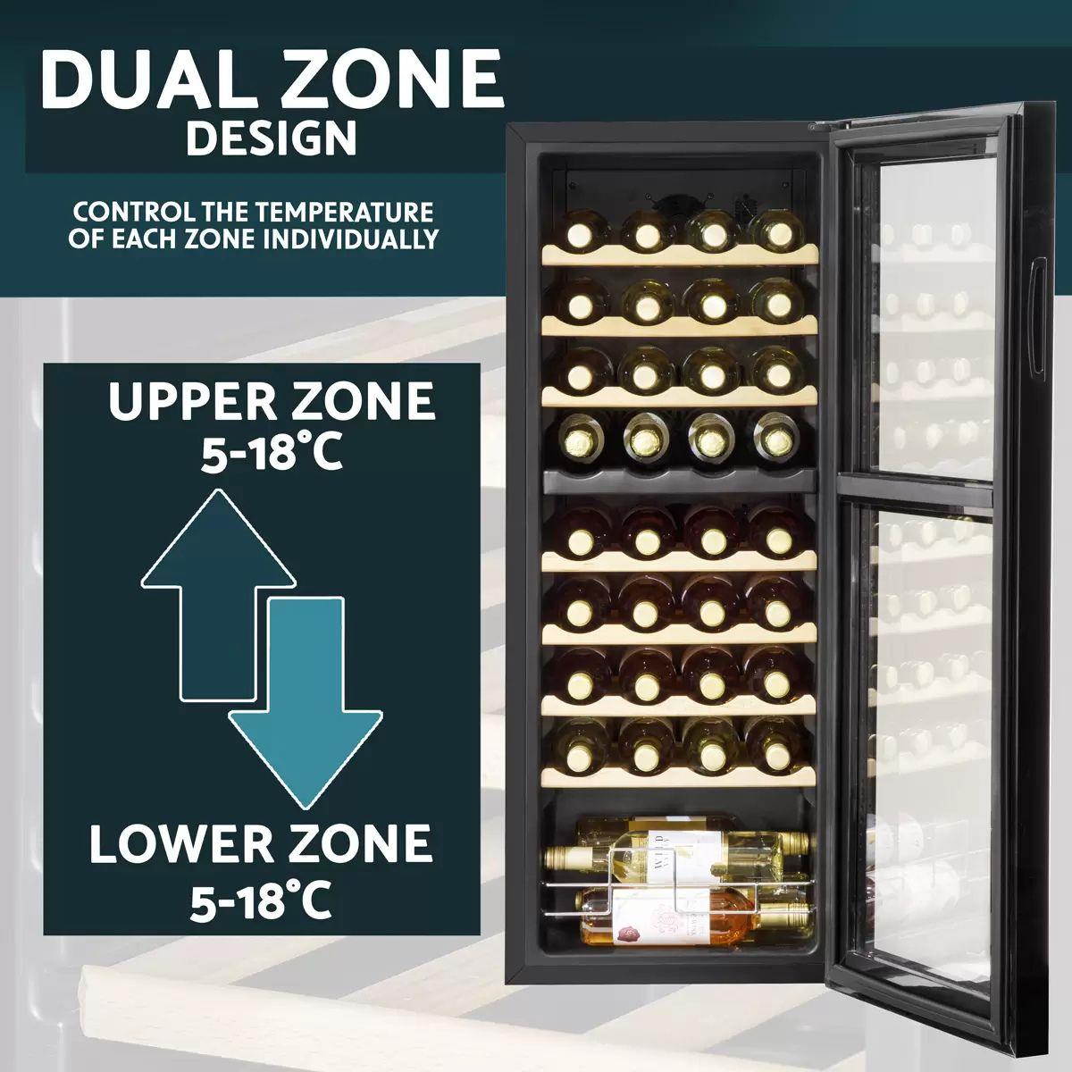 Sealey DH91 Baridi 36 Bottle Dual Zone Wine Fridge with Digital Touch Screen Controls & LED Light Black 230V