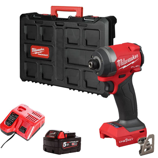 Milwaukee M18ONEID3-0X 18V Fuel One-Key Brushless 1/4" Impact Driver with 1 x 5.0Ah Battery Charger & Empty Tool Box (Without Inlay)