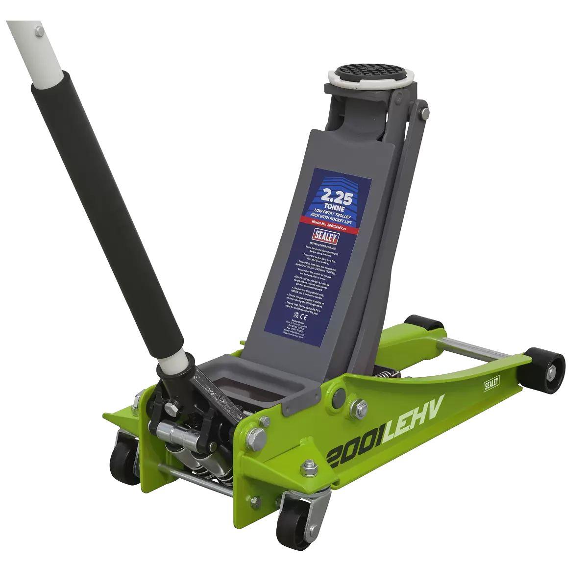 Sealey 2001LEHV 2.25 tonne Ton Low Entry Rocket Lift Trolley Jack Hi Vis Green Lift