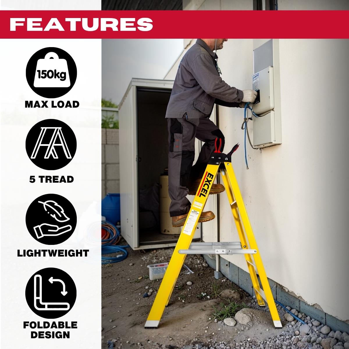 Excel Electricians Fibreglass Step Ladder 5 Tread 1.2m Heavy Duty