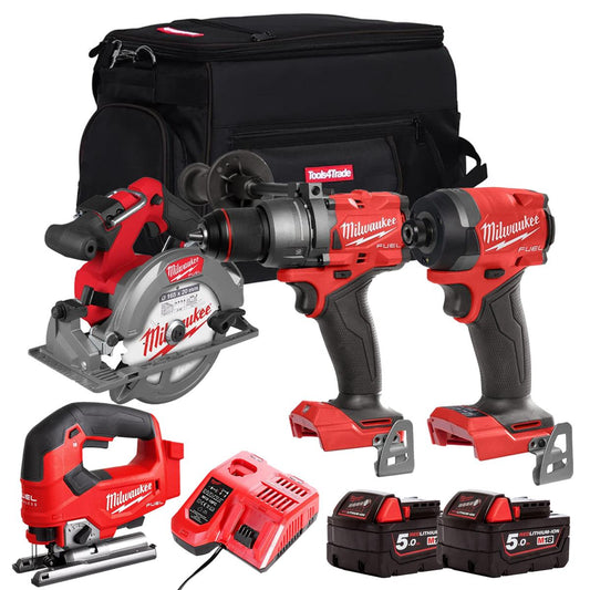 Milwaukee M18FPP8Z-502B 18V Brushless 4 Piece Power Tool Kit With 2 x 5.0Ah Batteries Charger & Bag