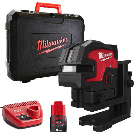 Milwaukee M12CLL4P-0C 12V Cross Line Laser with 1 x 3.0Ah Battery Charger & Case