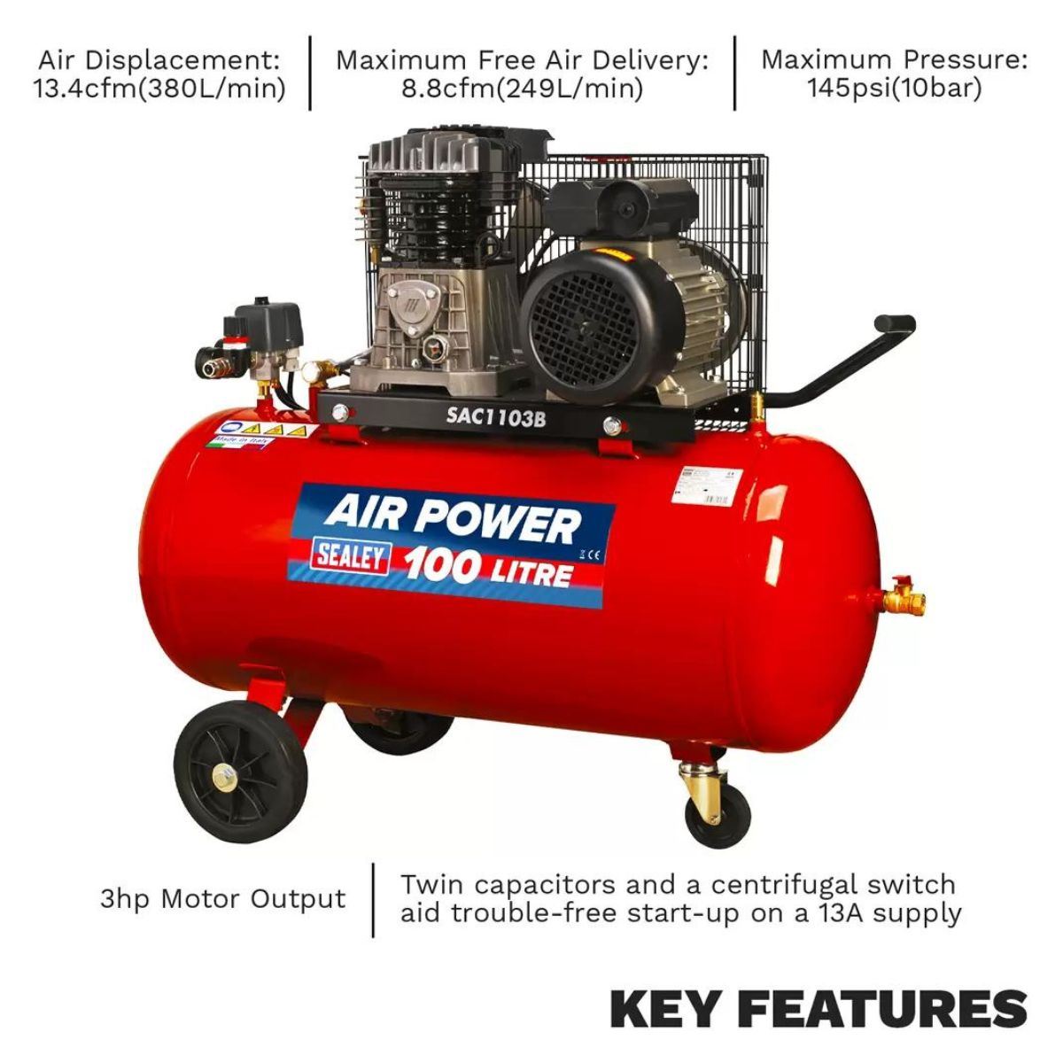 Sealey SAC1103B 100L Belt Drive Compressor with Motor & Cast Cylinders 230V