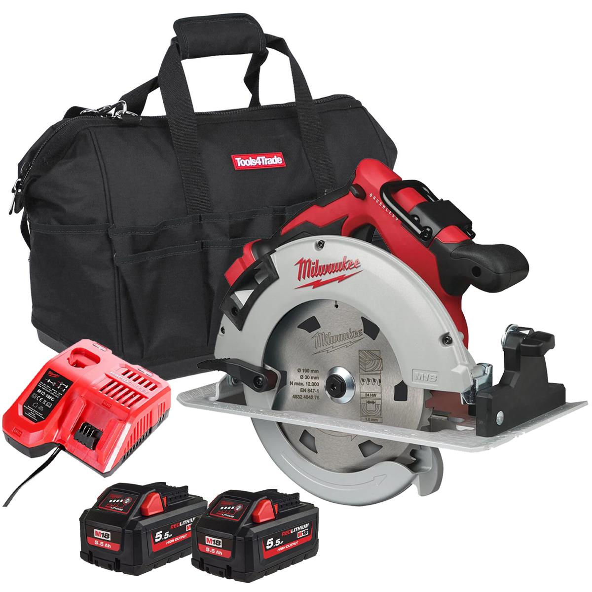 Milwaukee M18BLCS66-0 18V Brushless 190mm Circular Saw with 2 x 5.5Ah Batteries Charger & Bag