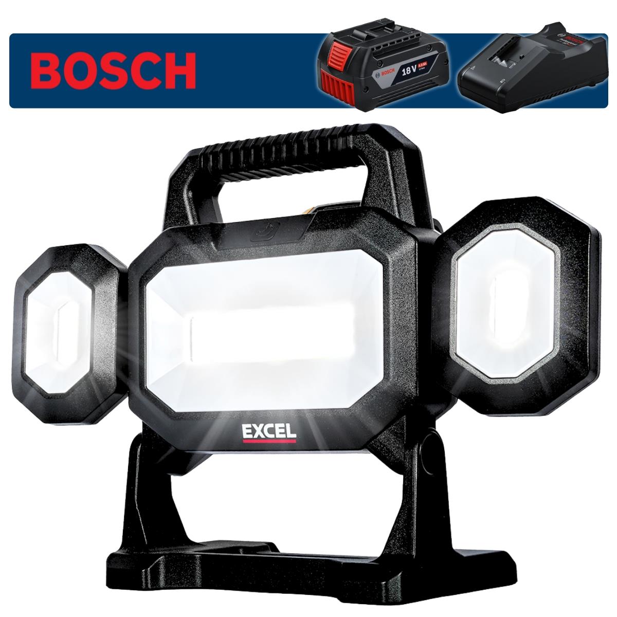 Excel 18V LED Work Light 5000 Lumens with Bosch 1 x 4.0Ah Coolpack Slide Battery & Charger