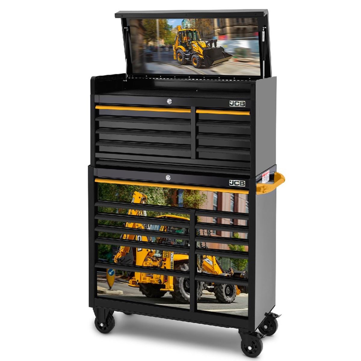 JCB 42’’ Roller Cabinet and Top Tool Chest Stack  19 Drawer with Backhoe Loader Wrap JCBBHLSTACK