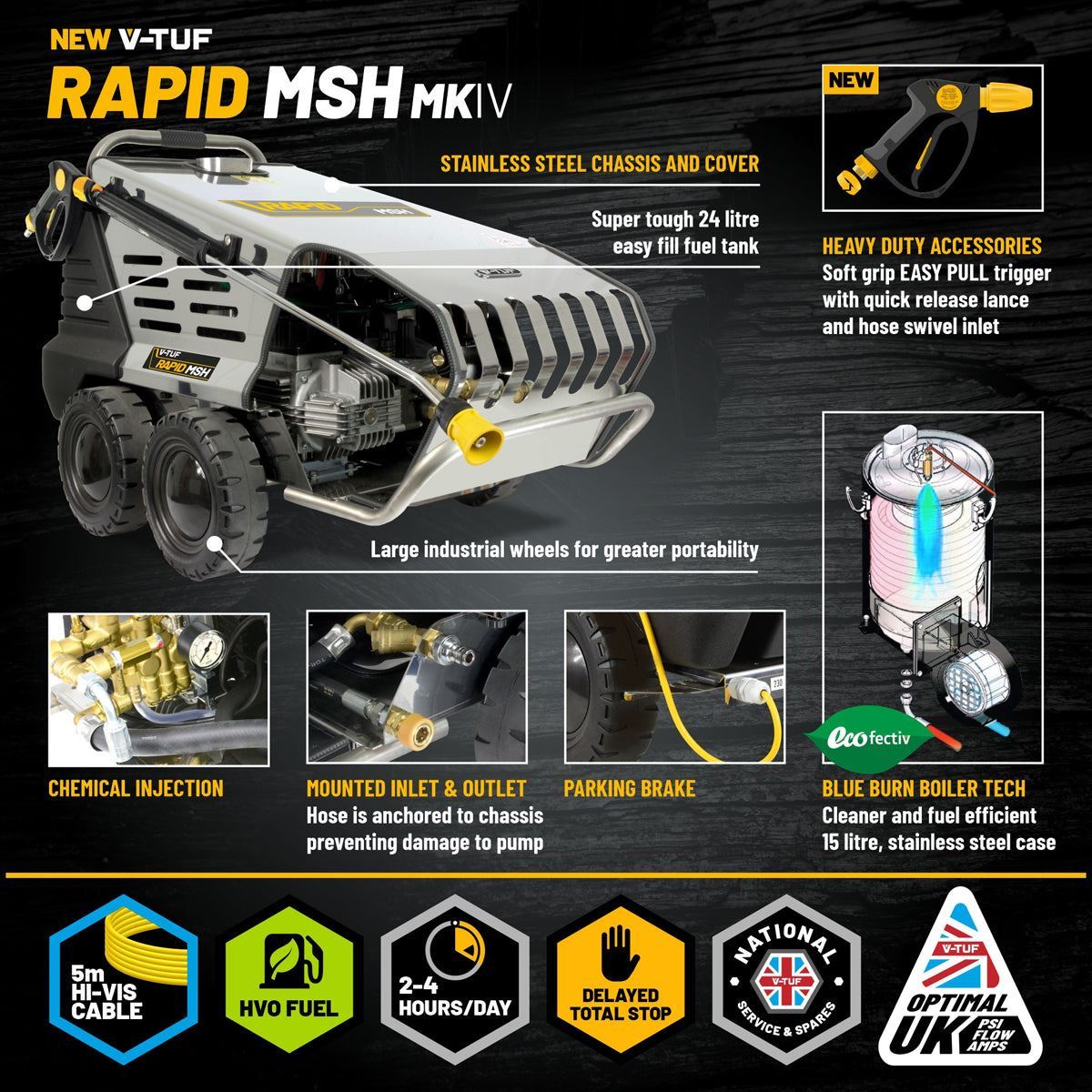 V-TUF Rapid MSH240V 9L/min Professional Hot Water Pressure Washer 120Bar & 1770psi