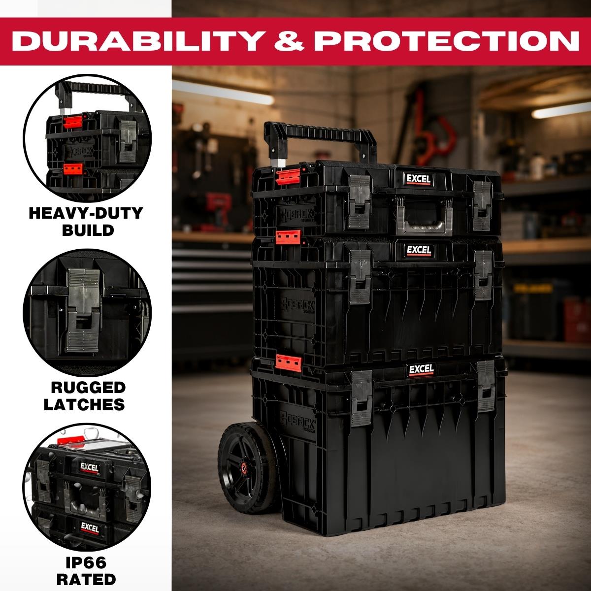 Excel Modular Stackable Tool Box Heavy Duty Mobile Storage 3 Piece Set with Wheels