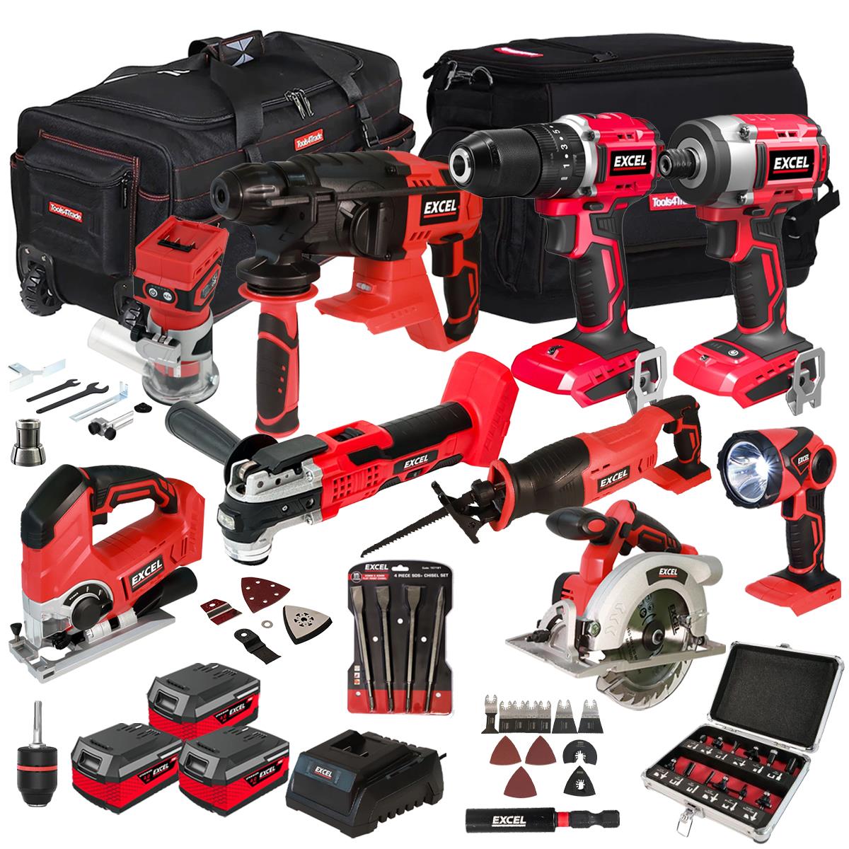 Excel 18V 9 Piece Power Tool Kit with 3 x 4.0Ah Battery Charger & Accessories EXLKIT-17308