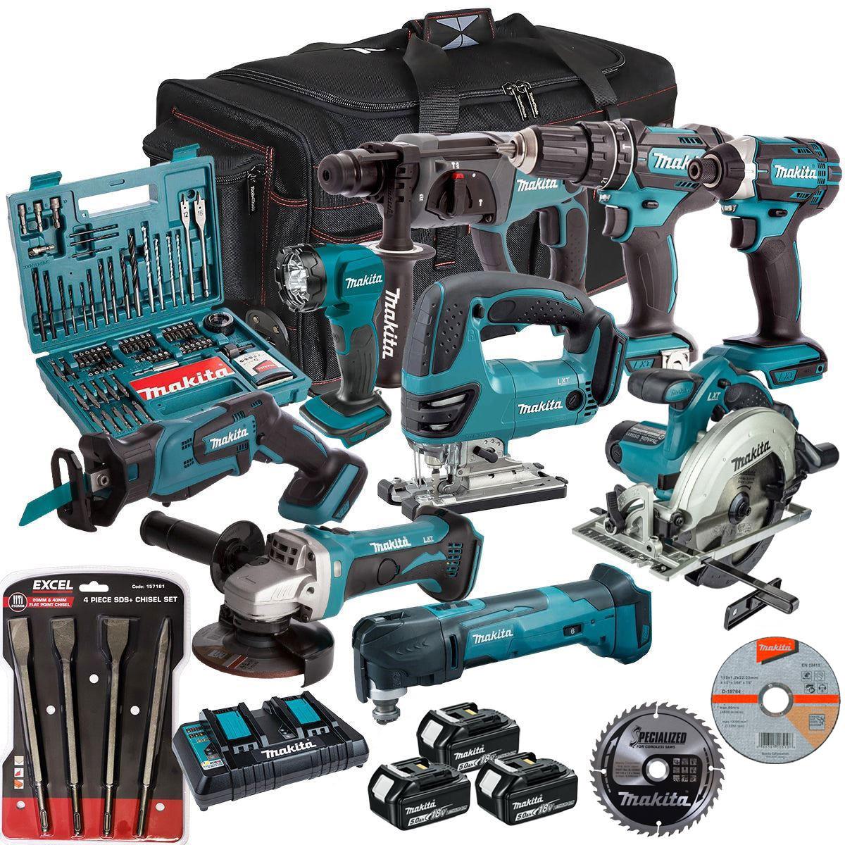 Makita 18V 9 Piece Combo Kit with 3 x 5.0Ah Battery Charger & Accessories Set T4TKIT-17213