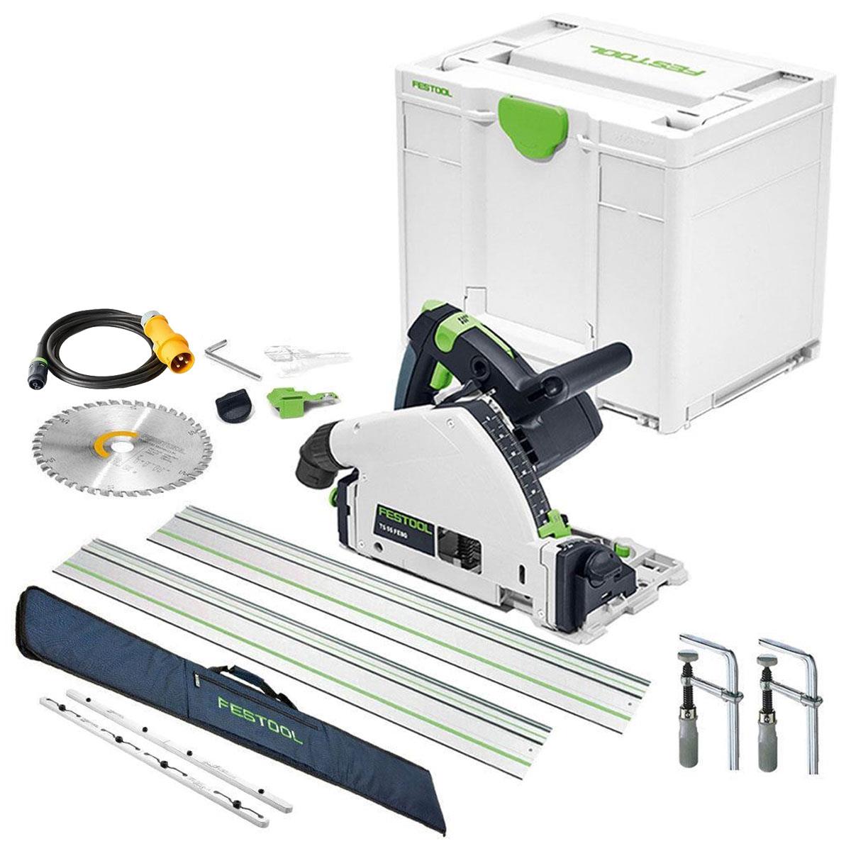 Festool TS 55 FEQ-Plus 110V GB 160mm Circular Plunge Cut Saw - 576707 With 2 x Guide Rail, Connector, Clamp & Bag