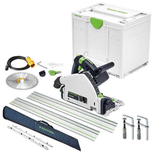 Festool TS 55 FEQ-Plus 110V GB 160mm Circular Plunge Cut Saw - 576707 With 2 x Guide Rail, Connector, Clamp & Bag